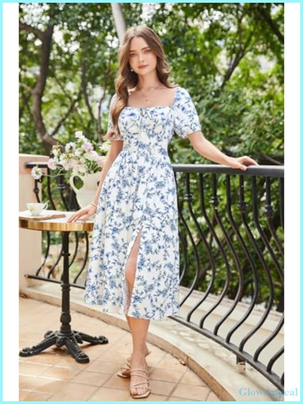 Floral Corset Midi Dress with Thigh Slit, Square Neck, Puffed Sleeves, Side - Picture 2 of 6